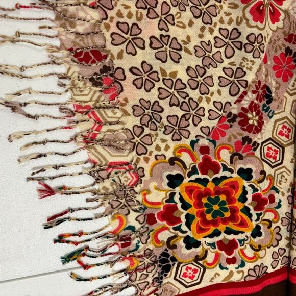 Dana Xu DX 100% Wool Large Scarf Pashmina Wrap Fringe Brown Floral Boho Shawl - Picture 3 of 8